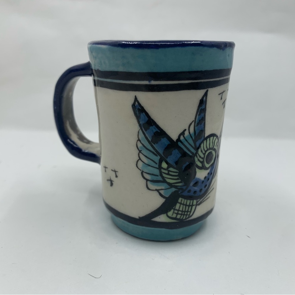 Blue and Cream Ceramic Art Mug with Bird Design